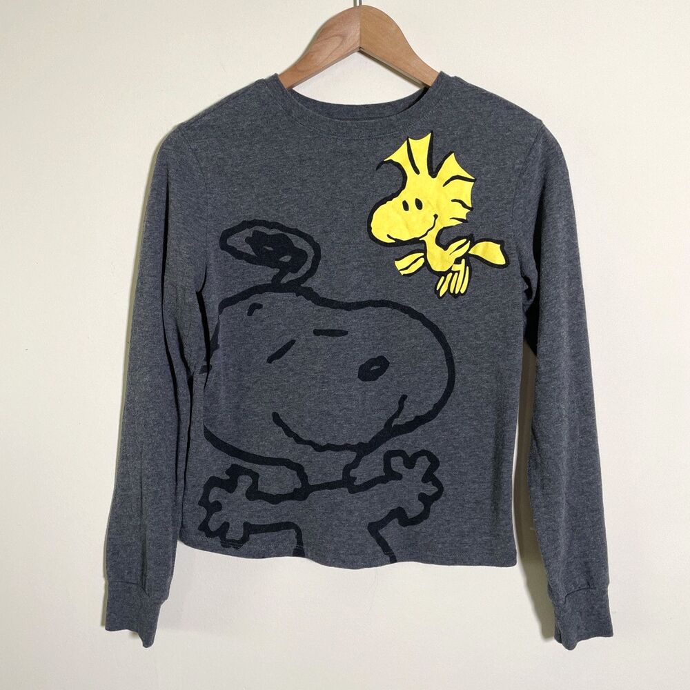 Peanuts Snoopy Woodstock Graphic Long Sleeve Crop Top Size XS Charcoal Gray